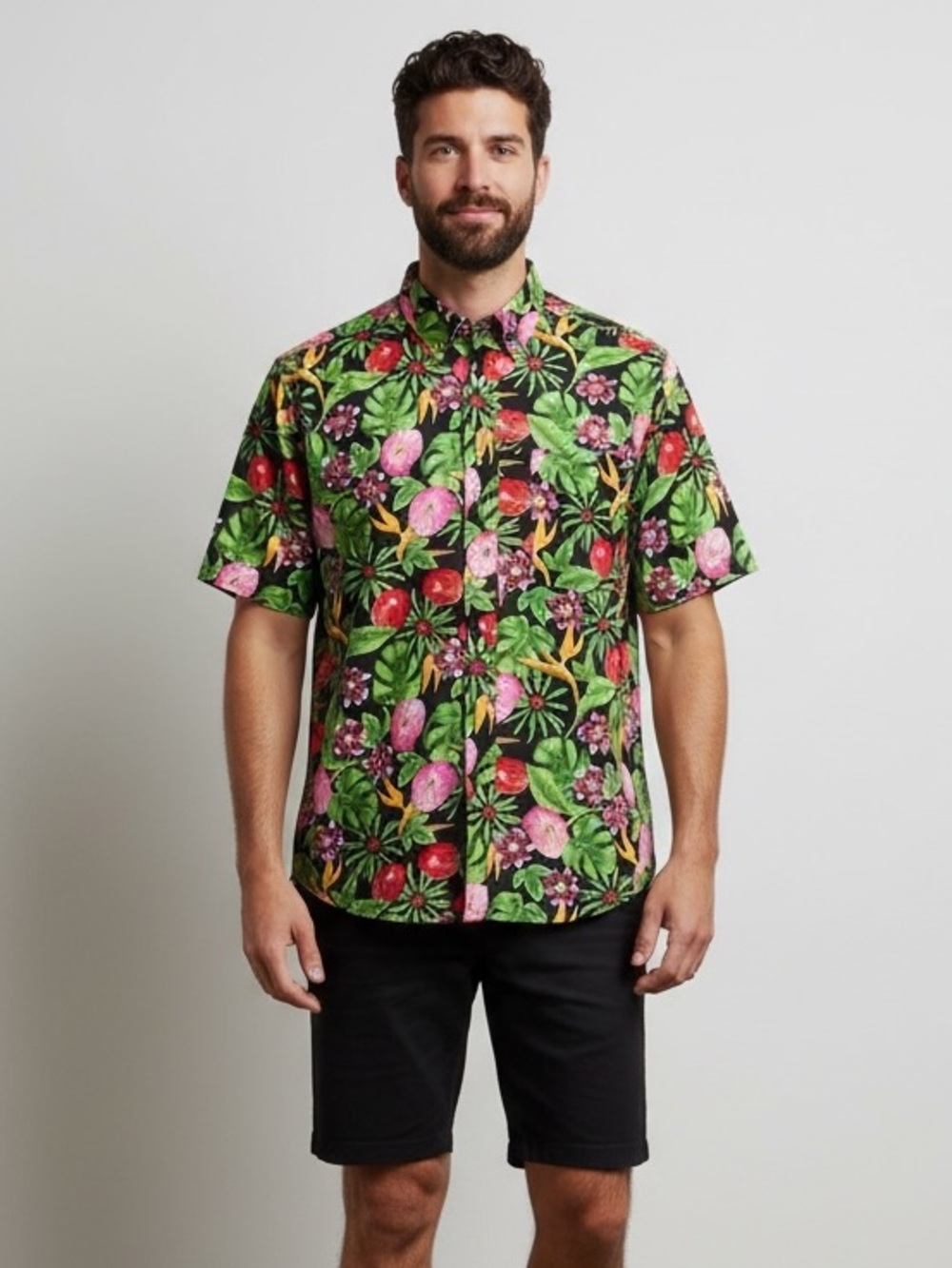 English Sports Shop Bermuda Vintage Short SS Tropical Floral Hawaiian Black Sz M